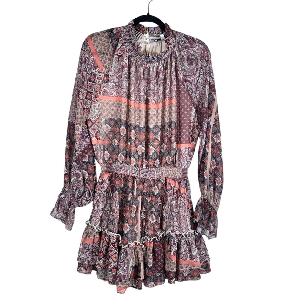 Fate Brown Paisley Floral Boho Mini Dress Womens M Ruffled Tiered Romantic Girly
